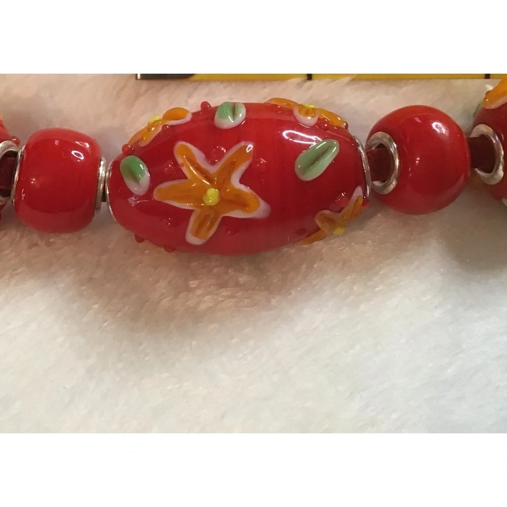 Lampwork focal beads glass beads jewelry 7 bead lot red flowers shiny large hole - Picture 3 of 5